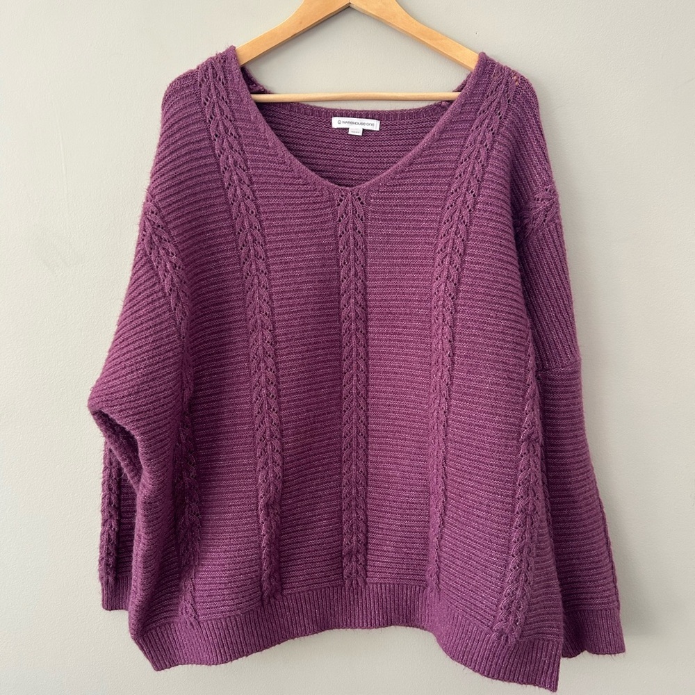 Warehouse One 3X/4X Purple V-Neck Cable Knit Sweater - Picture 3 of 6